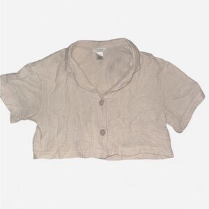 Light Beige Cropped Waffle Button Front Top